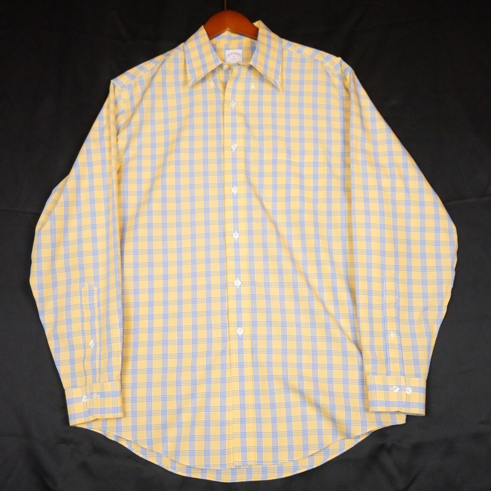 Brooks Brothers 346 Shirt Mens M Yellow Blue Plaid Non-Iron Cotton Button Up
